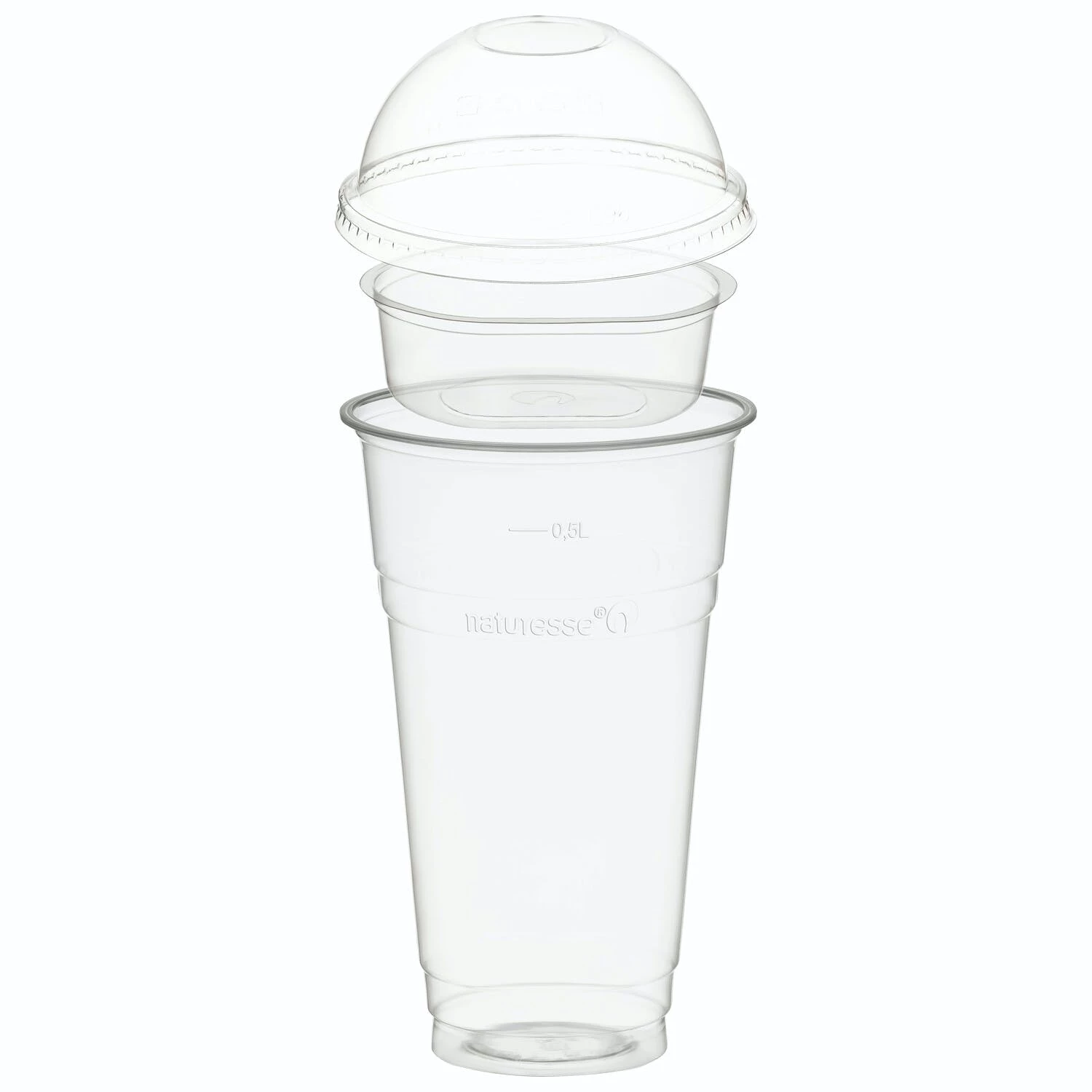 Null 50x BIO Trinkbecher 500ml + Domdeckel Ohne Loch + Einsatzbecher Ă 96mm (PLA)