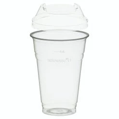 Null 50x BIO Trinkbecher 400ml + Domdeckel Ohne Loch Stapelbar Aus Biokunststoff