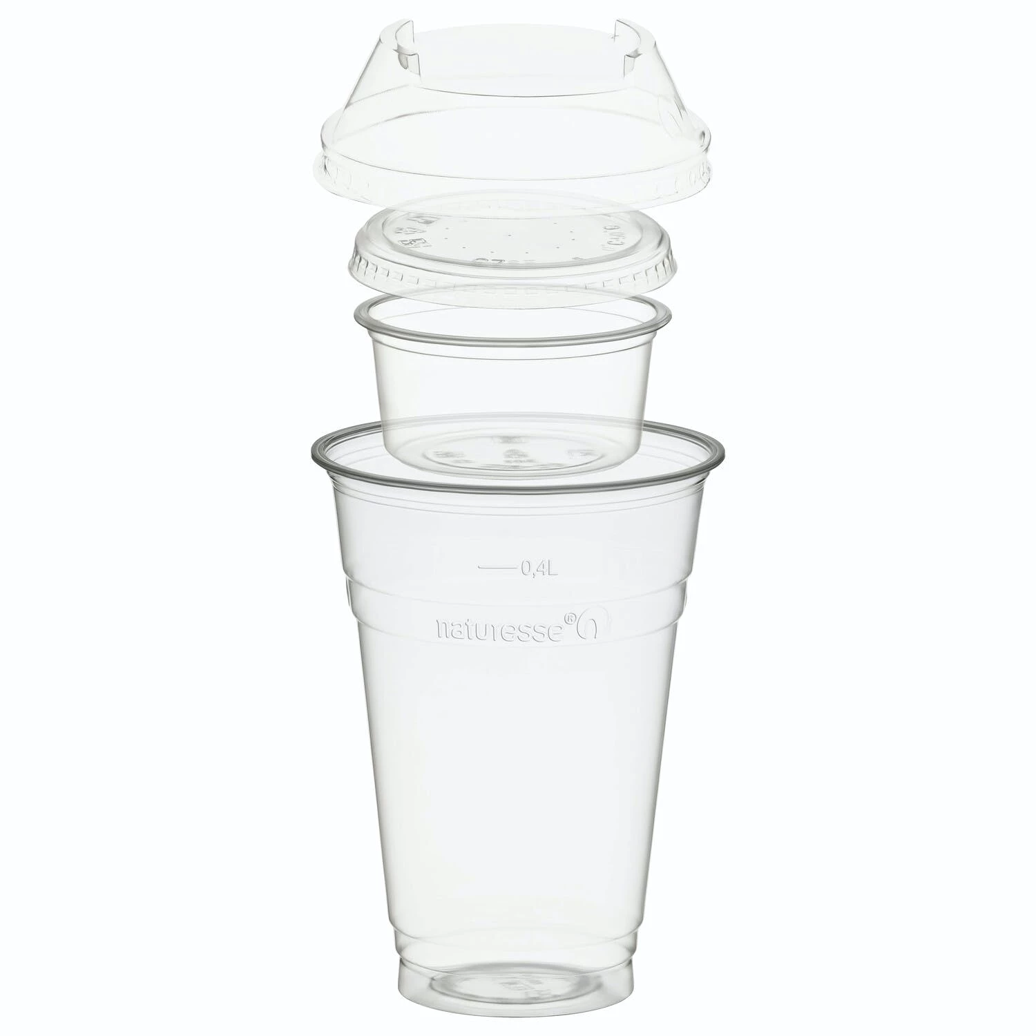 Null 100x BIO Trinkbecher 500ml Mit Domdeckel Ohne Loch + Einsatzbecher 90ml PLA – Bild 4