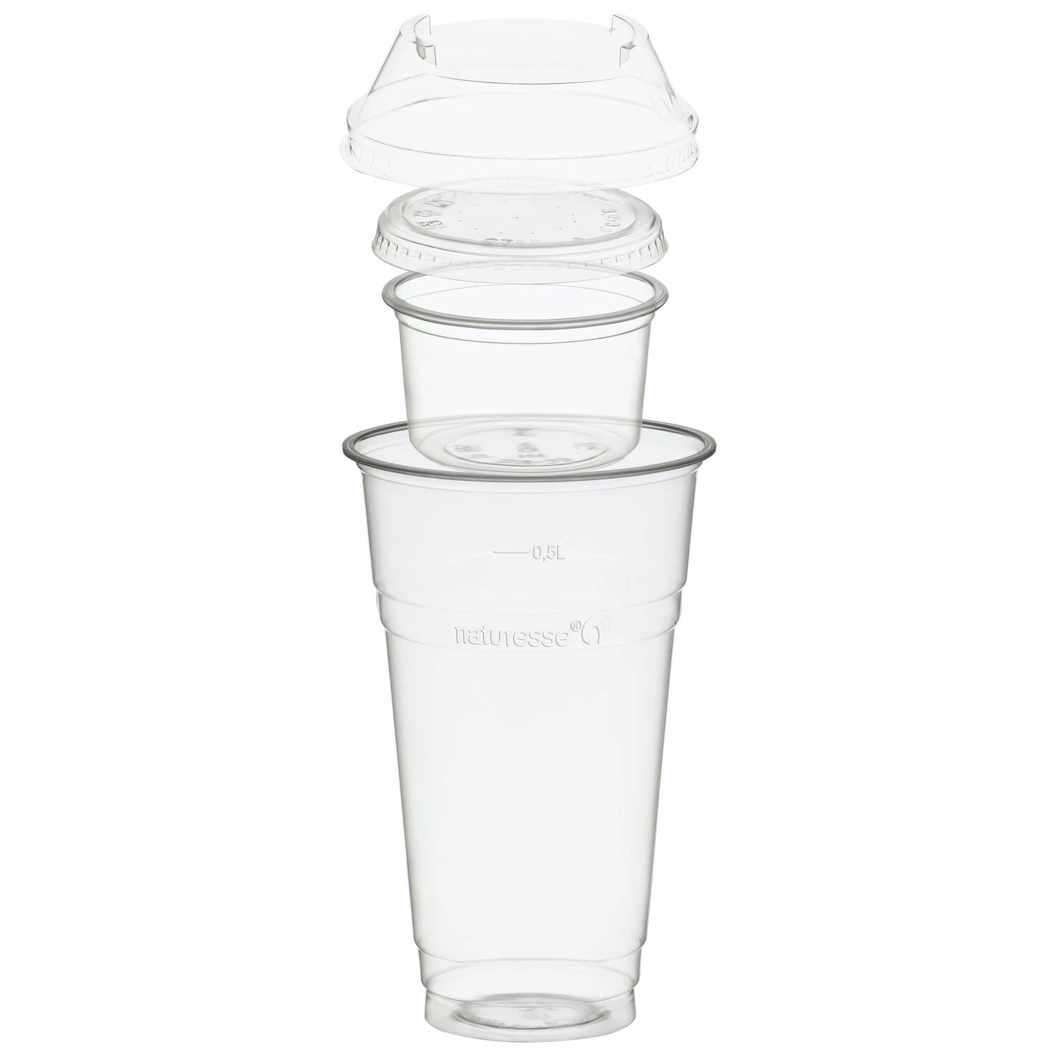 Null 100x BIO Trinkbecher 500ml Mit Domdeckel Ohne Loch + Einsatzbecher 90ml PLA – Bild 5