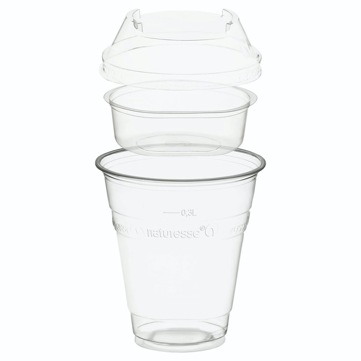 Null 50x BIO Trinkbecher 300ml + Domdeckel Stapelbar + Einsatzbecher Ø 96mm (PLA)