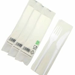 Null 250x Bestecksets PLA Messer Gabel Serviette Weiß